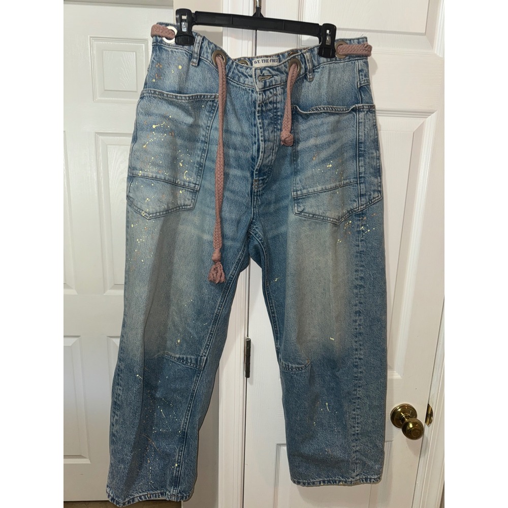 We The Free Free People Old West Slouchy Jeans 31 Paint Splatter Drawstring Blue - Picture 6 of 9